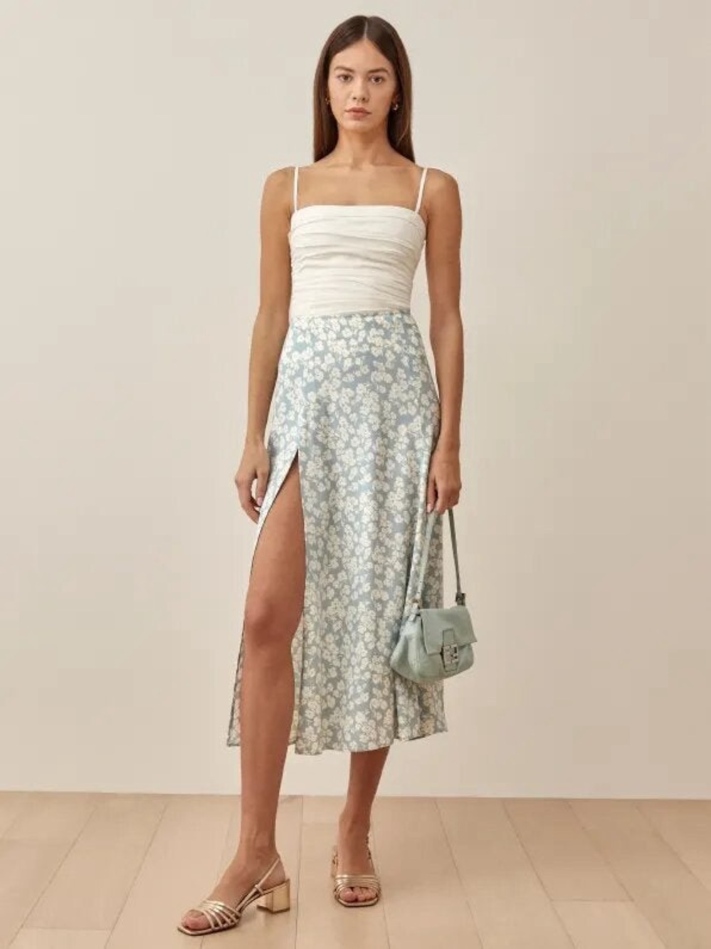 Reformation Like New Zoe Light Blue Floral Midi Slip Skirt with High Slit Size 6